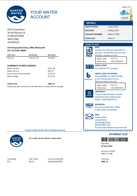 Australia Hunter Water business utility bill template in Word and PDF format